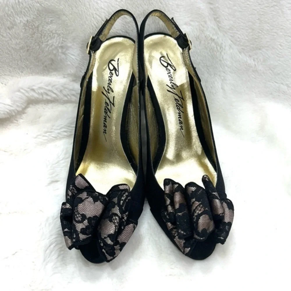 BEVERLY FELDMAN Size 7.5 Dotty Black Crepe/Lace Sling Back Heels
